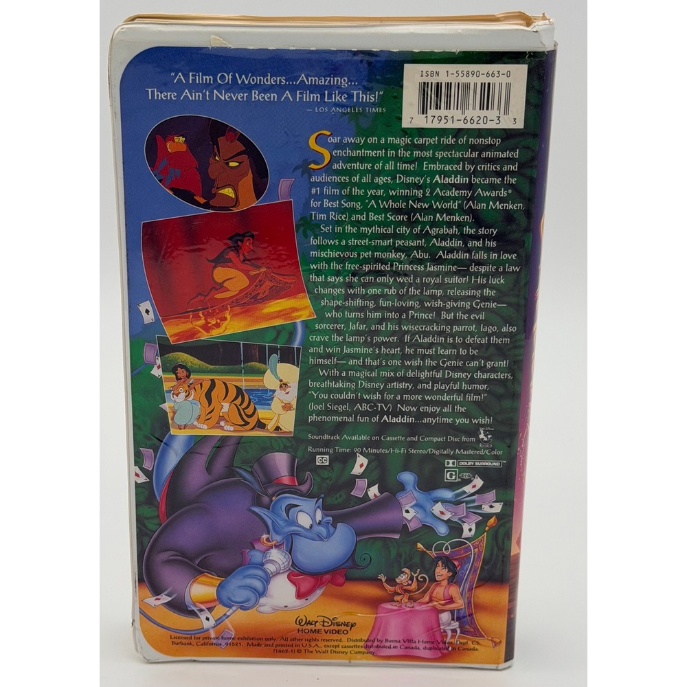 Aladdin VHS 1993 Walt Disney Classic Black Diamond Clamshell Case - Picture 2 of 4